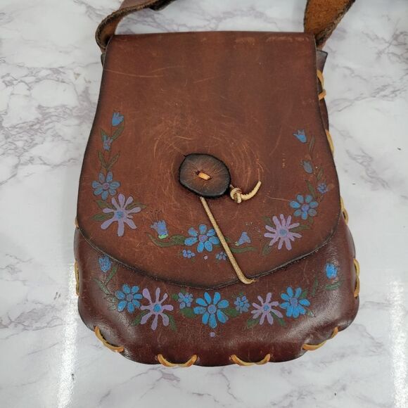 Vintage Hand Tooled & Painted Flowers Leather Hippie Woodstock Purse 70s - Picture 12 of 16